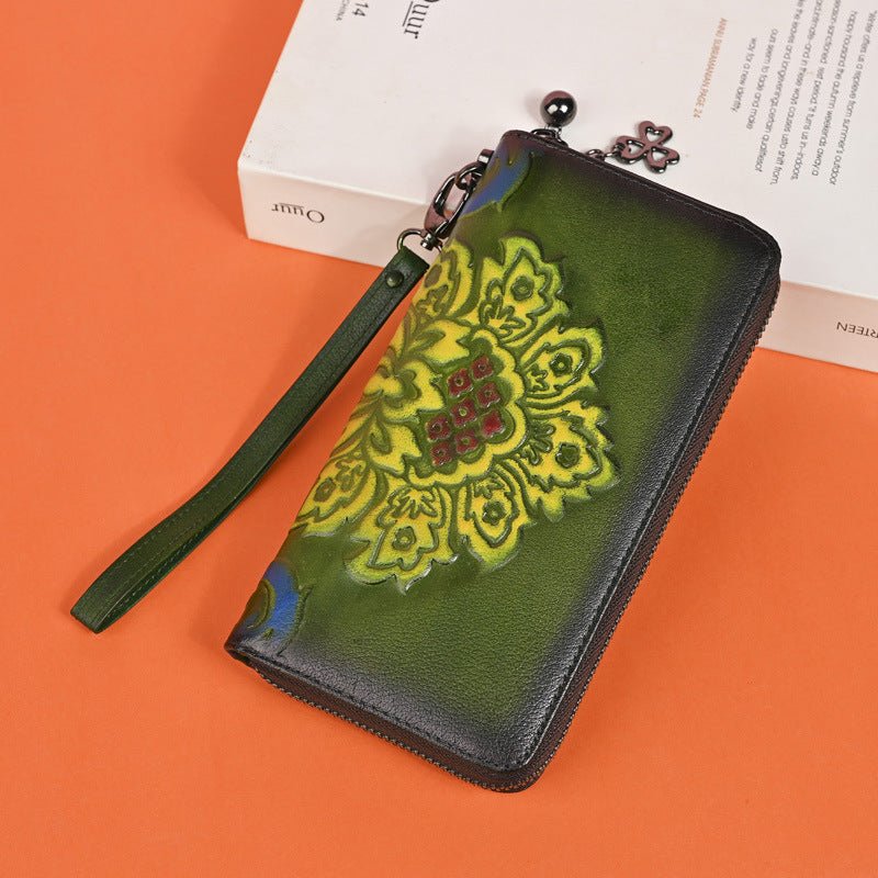 Genuine Leather Long Wallet Fashionable Zipper Clutch Bag Printed Hand-Painted Handbag - Che Cose Belle