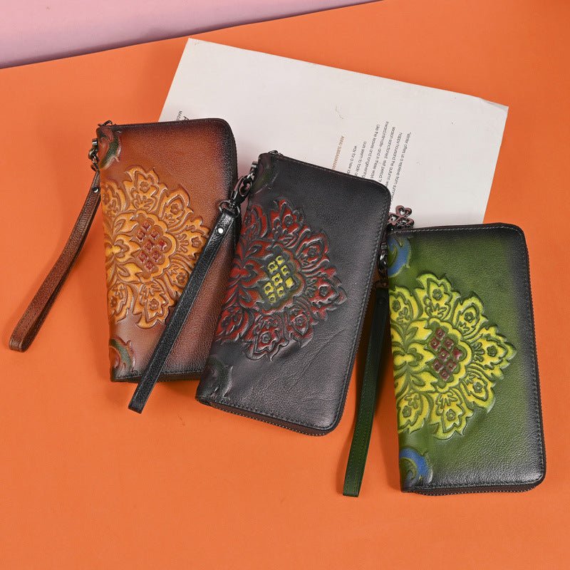 Genuine Leather Long Wallet Fashionable Zipper Clutch Bag Printed Hand-Painted Handbag - Che Cose Belle