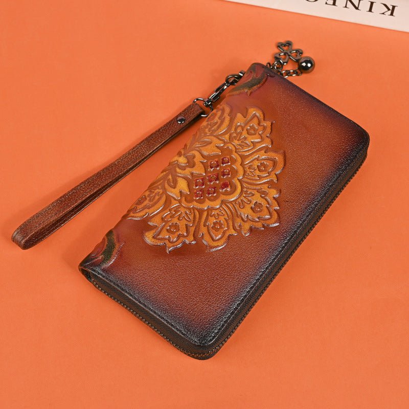 Genuine Leather Long Wallet Fashionable Zipper Clutch Bag Printed Hand-Painted Handbag - Che Cose Belle