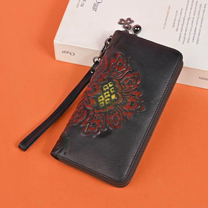Genuine Leather Long Wallet Fashionable Zipper Clutch Bag Printed Hand-Painted Handbag - Che Cose Belle