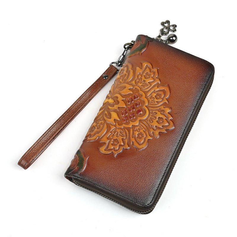 Genuine Leather Long Wallet Fashionable Zipper Clutch Bag Printed Hand-Painted Handbag - Che Cose Belle