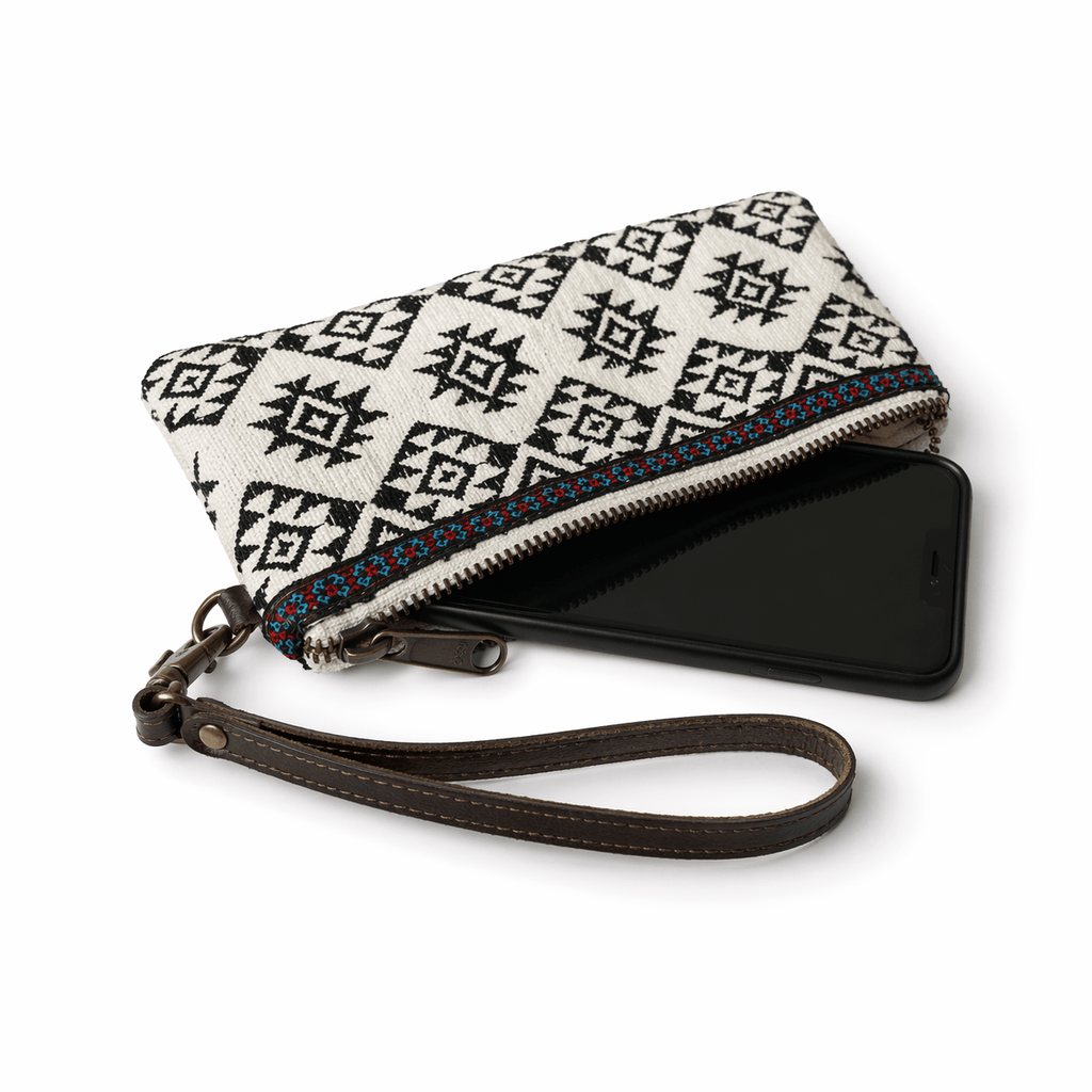 Geometric Embroidered Wristlet Bag with Leather Strap – Thailand - Che Cose Belle