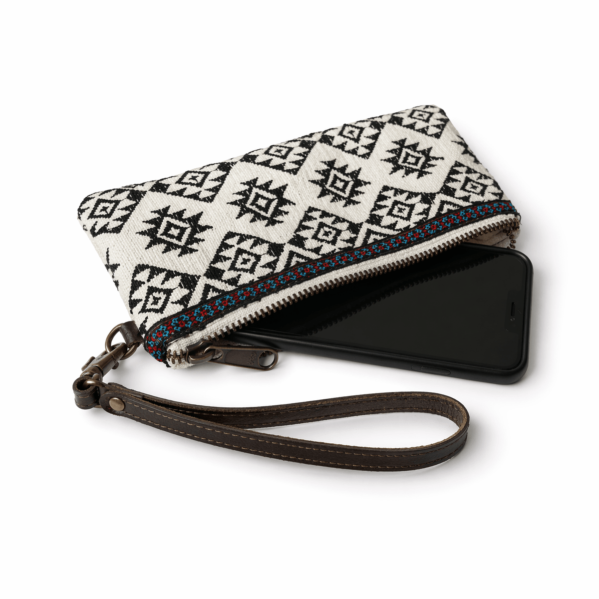 Geometric Embroidered Wristlet Bag with Leather Strap – Thailand - Che Cose Belle