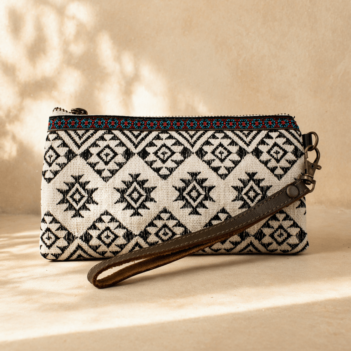 Geometric Embroidered Wristlet Bag with Leather Strap – Thailand - Che Cose Belle