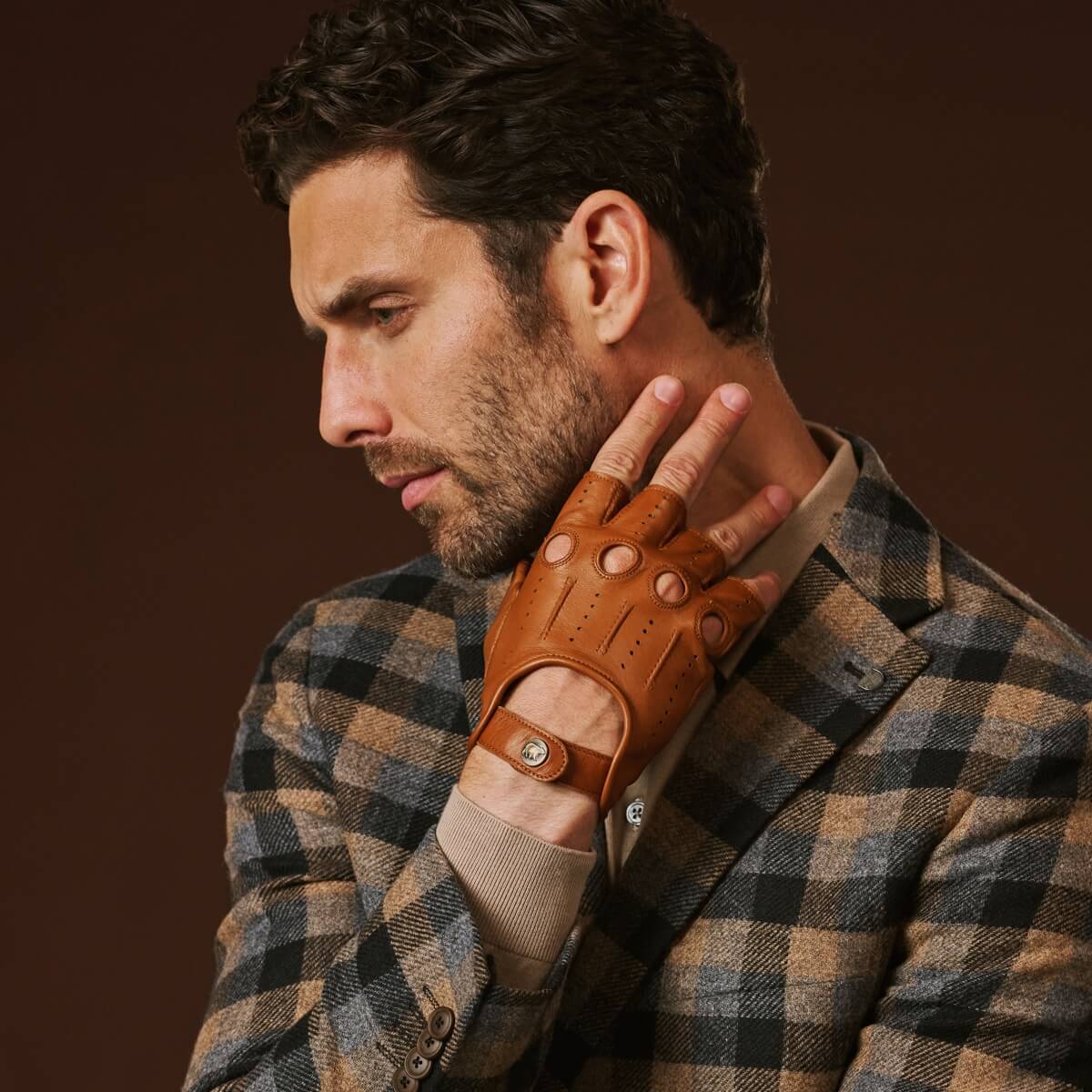 Giuseppe (cognac) - Italian lambskin fingerless leather driving gloves - Che Cose Belle