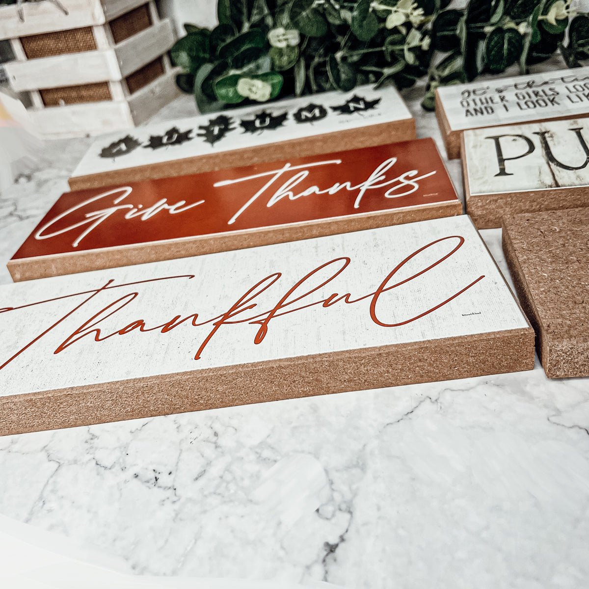 Give Thanks Rustic Wall Sign Set 10x4x1 Inch, Rust Background White Script, Single Or 2-Pack - Che Cose Belle