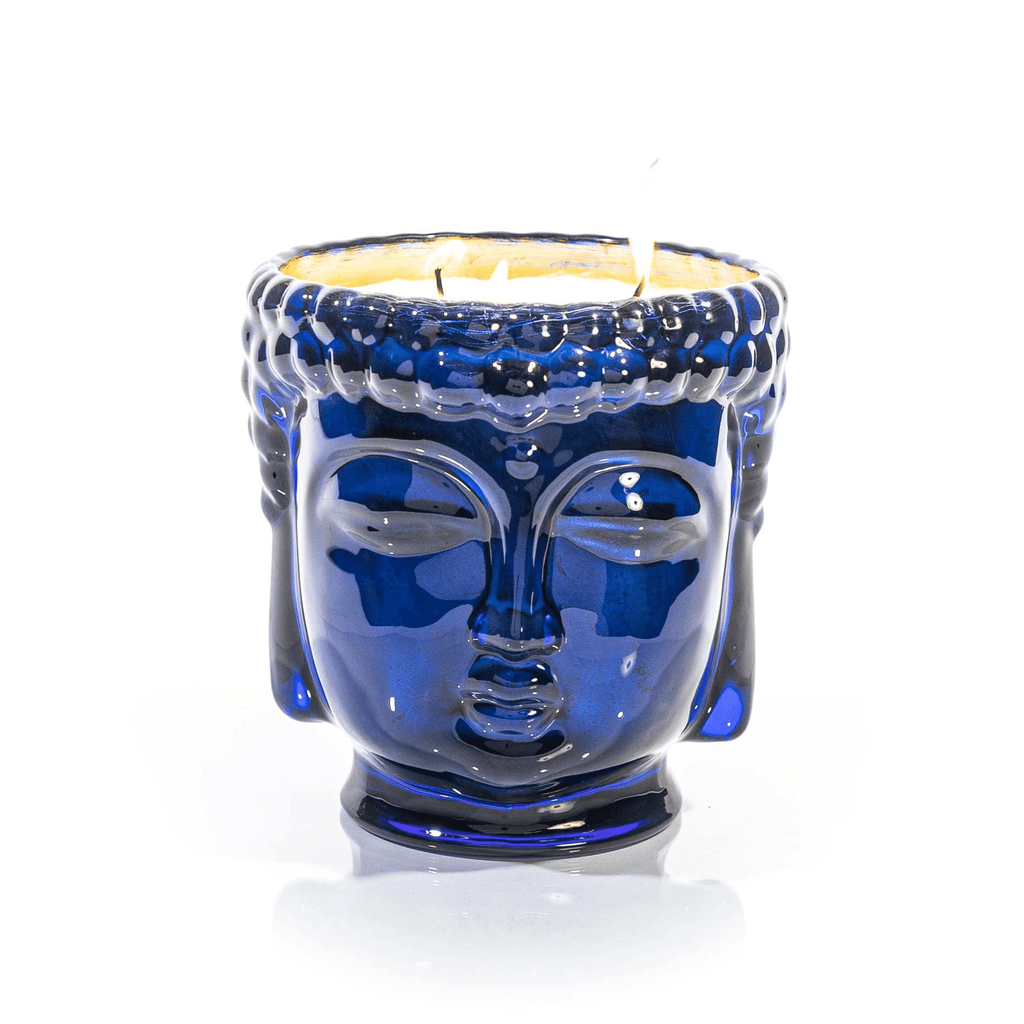 24K Gold Sapphire Blue Glass Buddha Candle, 3-Wick