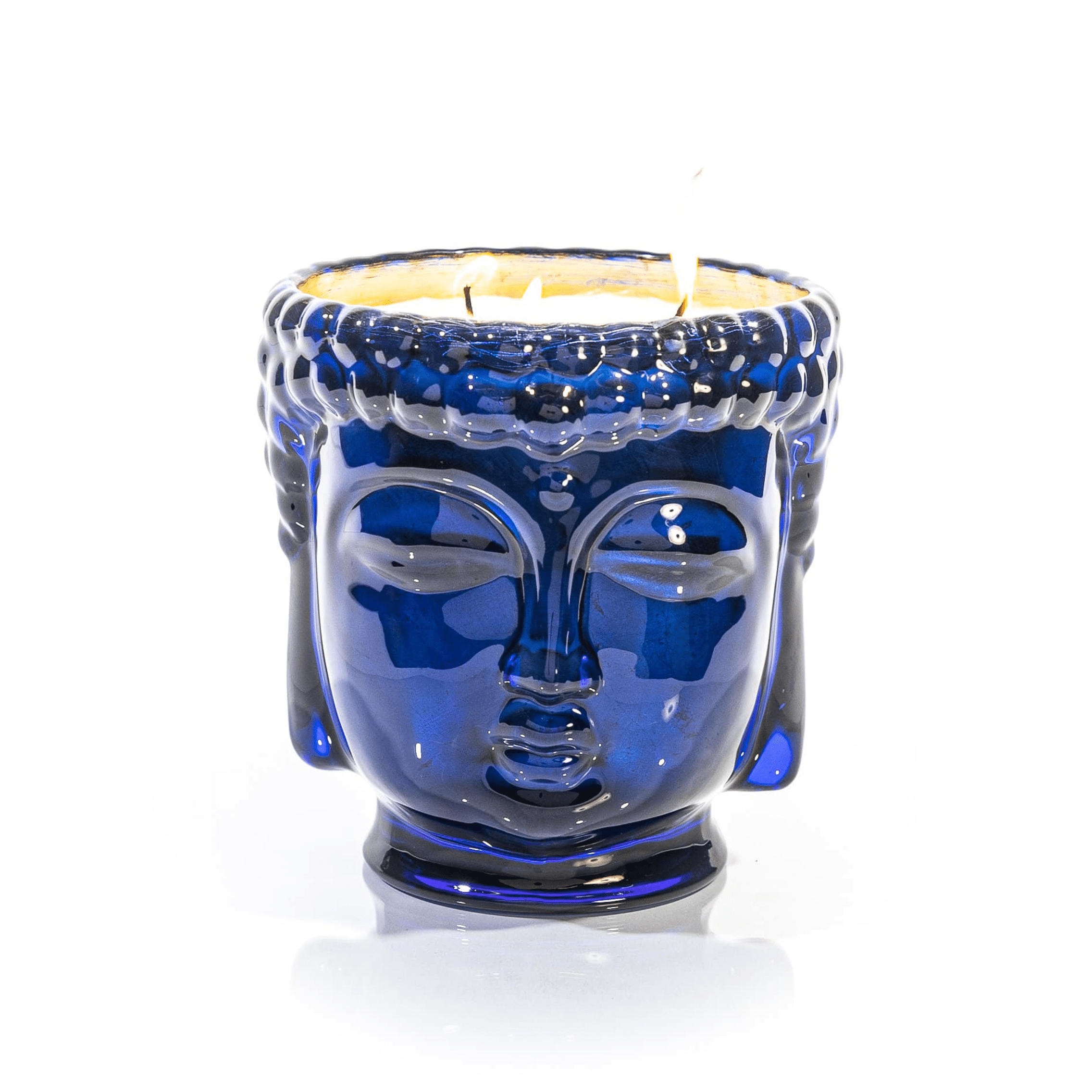 24K Gold Sapphire Blue Glass Buddha Candle, 3-Wick