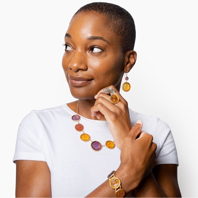 Glass Coin of Athens Motif Double Drop Earrings - Che Cose Belle