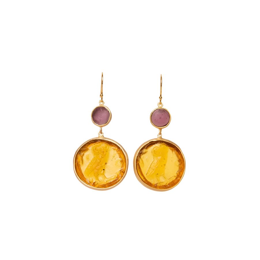 Glass Coin of Athens Motif Double Drop Earrings - Che Cose Belle