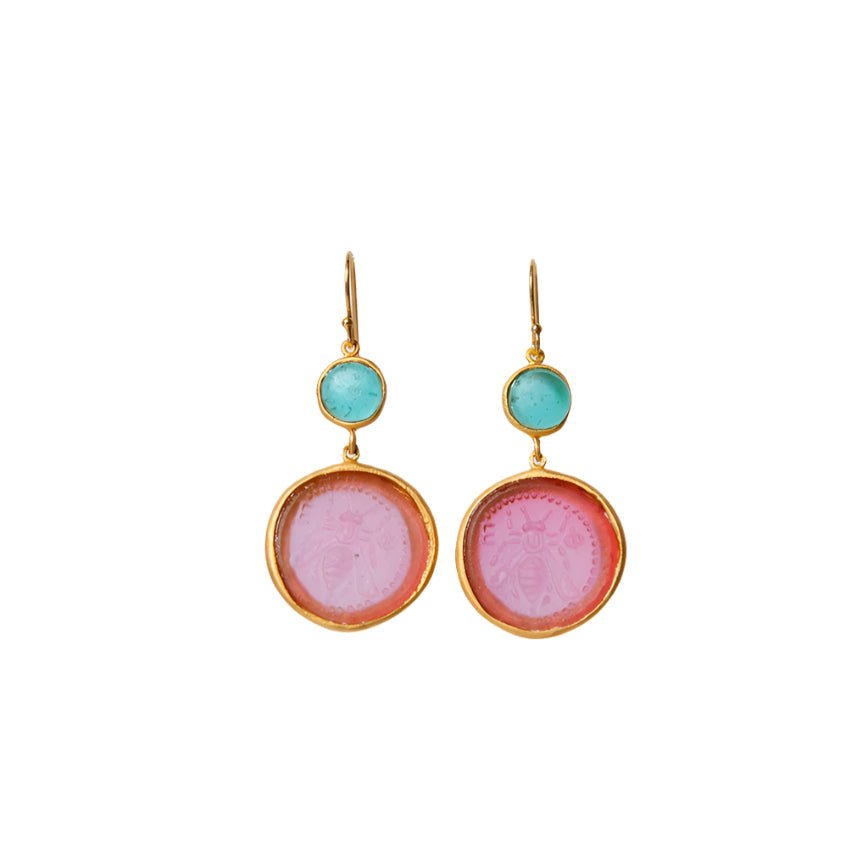 Glass Coin of Ephesos Motif Double Drop Earrings - Che Cose Belle