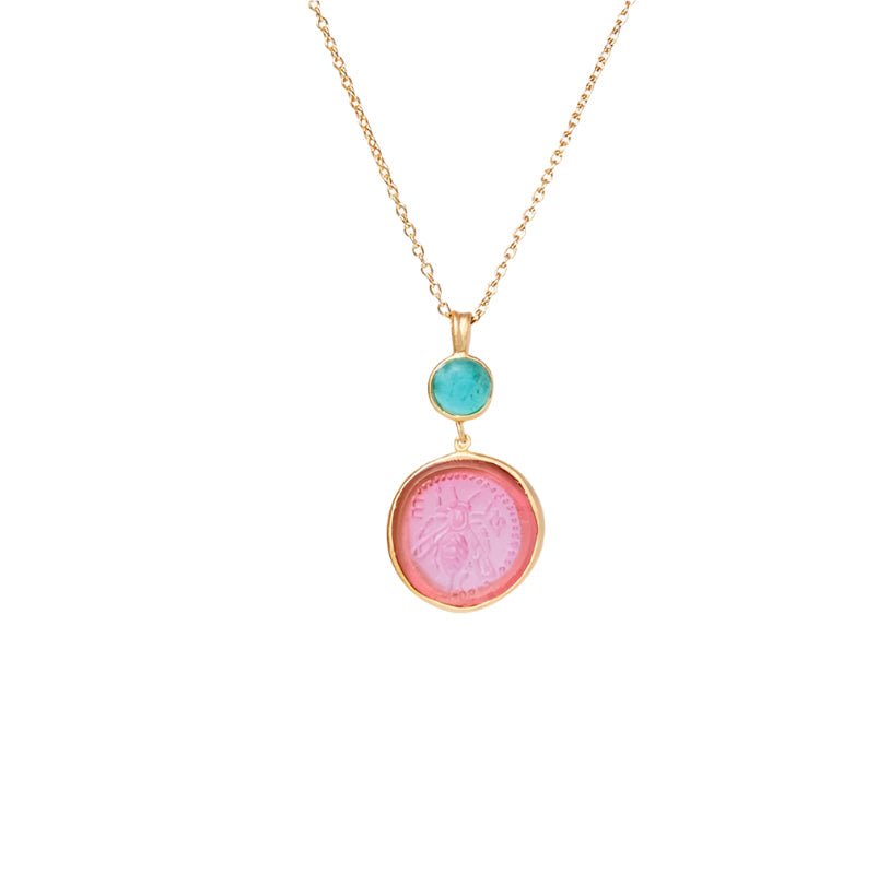 Glass Coin of Ephesos Motif Double Drop Pendant Necklace (Pink & Teal Tones) - Che Cose Belle
