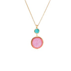Glass Coin of Ephesos Motif Double Drop Pendant Necklace (Pink & Teal Tones) - Che Cose Belle