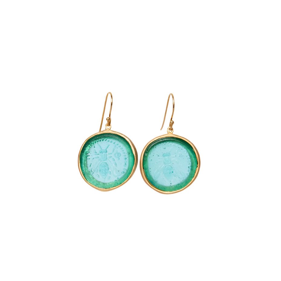 Glass Coin of Ephesos Motif Earrings (Teal Tone) - Che Cose Belle
