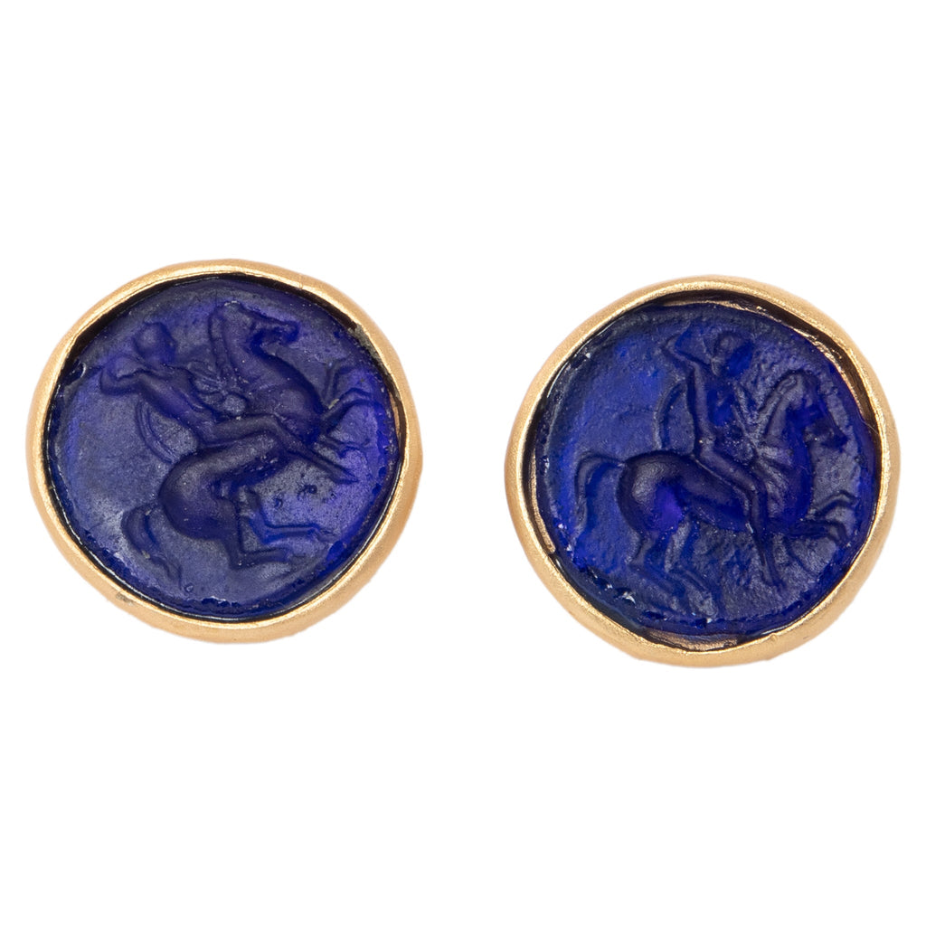 Glass Mounted Warrior Coin Motif Cuff Links (Cobalt Tone) - Che Cose Belle