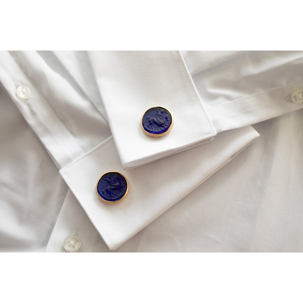 Glass Mounted Warrior Coin Motif Cuff Links (Cobalt Tone) - Che Cose Belle