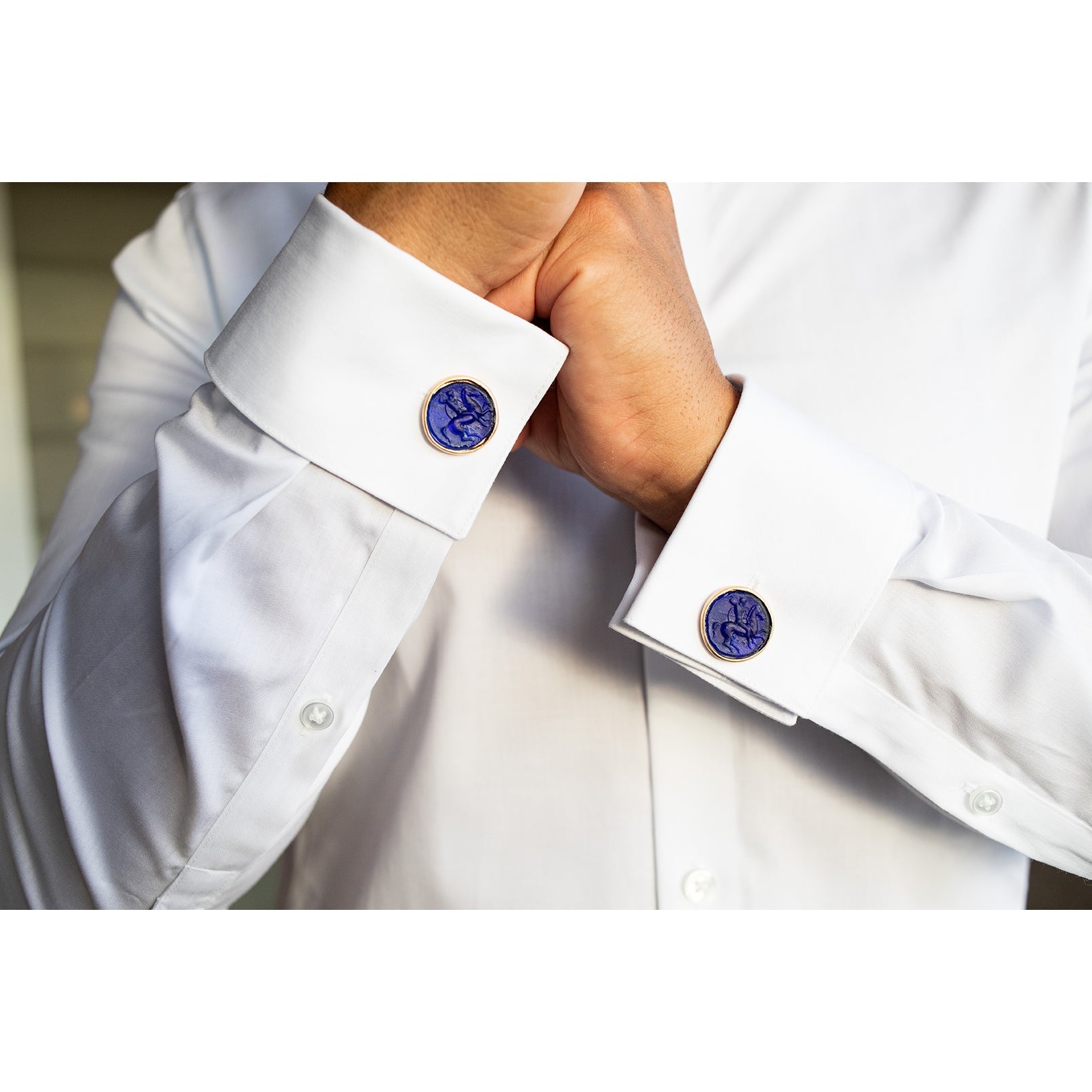 Glass Mounted Warrior Coin Motif Cuff Links (Cobalt Tone) - Che Cose Belle