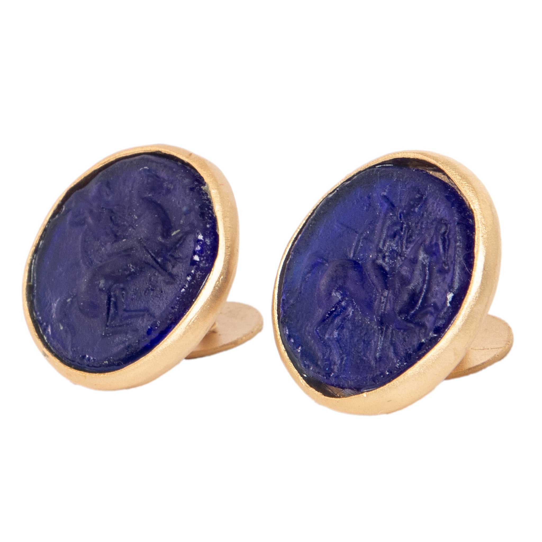 Glass Mounted Warrior Coin Motif Cuff Links (Cobalt Tone) - Che Cose Belle