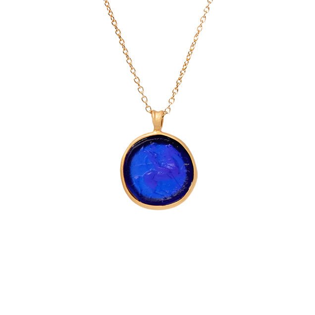 Glass Mounted Warrior Coin Motif Pendant Necklace (Cobalt Tone) - Che Cose Belle