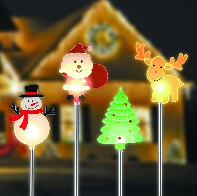 Glintoper 4 Pack Solar Christmas Figurine Lights, Outdoor Lighted Decorative Santa Claus, Snowman, Xmas Tree & Reindeer with Garden Stakes, Warm White LED Lighting Yard Stake for Path Lawn Patio Decor - Che Cose Belle