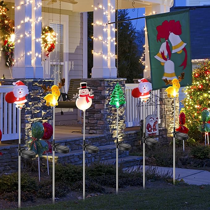 Glintoper 4 Pack Solar Christmas Figurine Lights, Outdoor Lighted Decorative Santa Claus, Snowman, Xmas Tree & Reindeer with Garden Stakes, Warm White LED Lighting Yard Stake for Path Lawn Patio Decor - Che Cose Belle