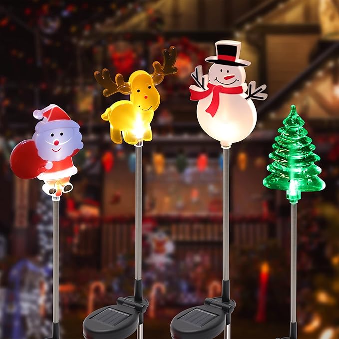 Glintoper 4 Pack Solar Christmas Figurine Lights, Outdoor Lighted Decorative Santa Claus, Snowman, Xmas Tree & Reindeer with Garden Stakes, Warm White LED Lighting Yard Stake for Path Lawn Patio Decor - Che Cose Belle