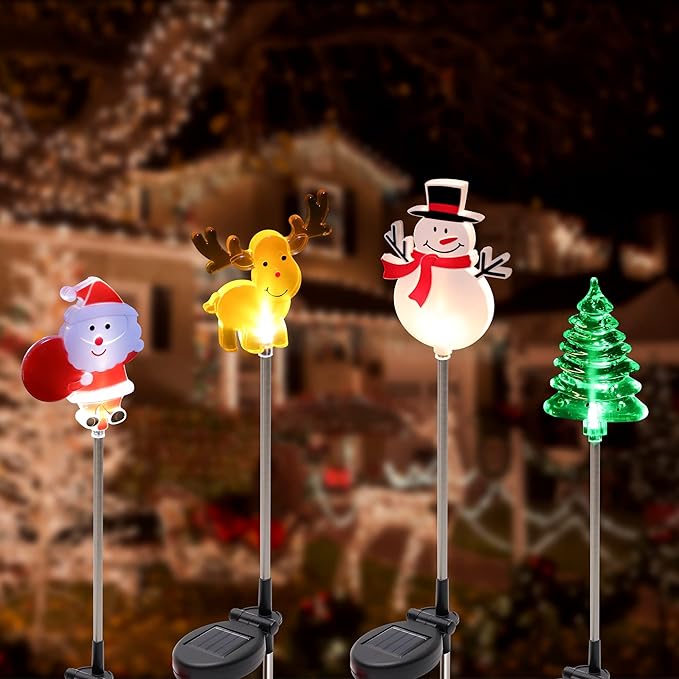 Glintoper 4 Pack Solar Christmas Figurine Lights, Outdoor Lighted Decorative Santa Claus, Snowman, Xmas Tree & Reindeer with Garden Stakes, Warm White LED Lighting Yard Stake for Path Lawn Patio Decor - Che Cose Belle