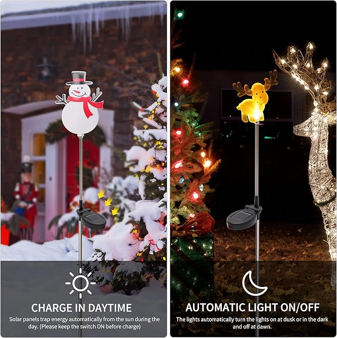 Glintoper 4 Pack Solar Christmas Figurine Lights, Outdoor Lighted Decorative Santa Claus, Snowman, Xmas Tree & Reindeer with Garden Stakes, Warm White LED Lighting Yard Stake for Path Lawn Patio Decor - Che Cose Belle
