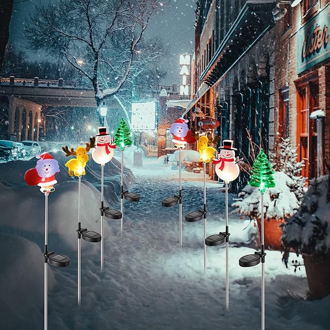 Glintoper 4 Pack Solar Christmas Figurine Lights, Outdoor Lighted Decorative Santa Claus, Snowman, Xmas Tree & Reindeer with Garden Stakes, Warm White LED Lighting Yard Stake for Path Lawn Patio Decor - Che Cose Belle