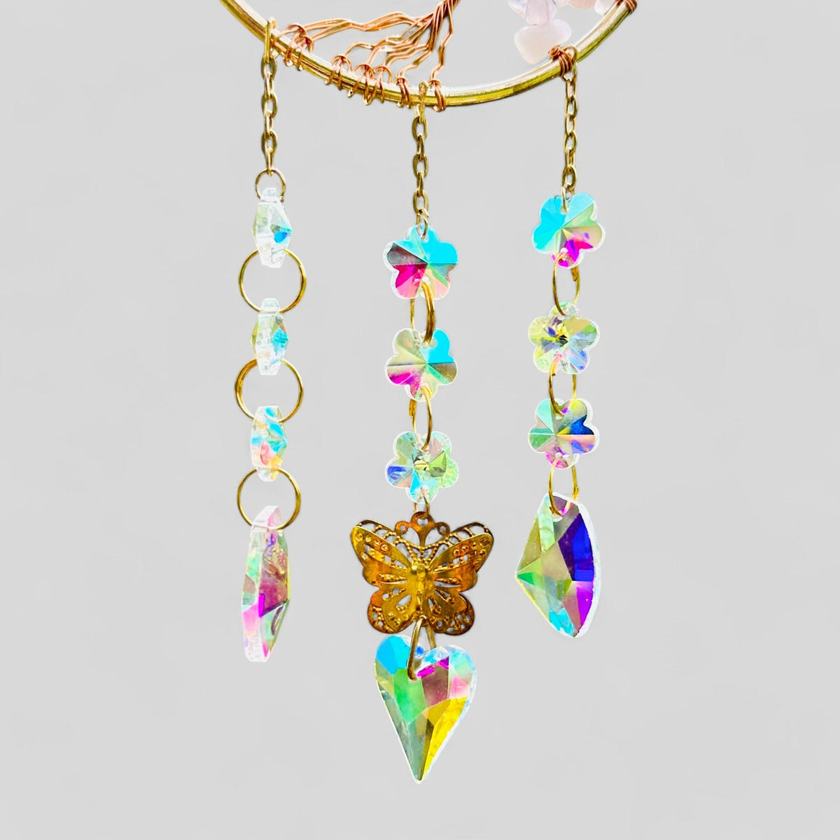 Gold Metal Crescent Moon Dreamcatcher Suncatcher with Tree of Life Rose Quartz & Hanging Jewel Charms - Window Hanging or Wall Hanging - Che Cose Belle