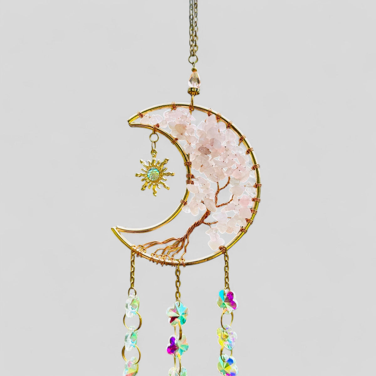 Gold Metal Crescent Moon Dreamcatcher Suncatcher with Tree of Life Rose Quartz & Hanging Jewel Charms - Window Hanging or Wall Hanging - Che Cose Belle