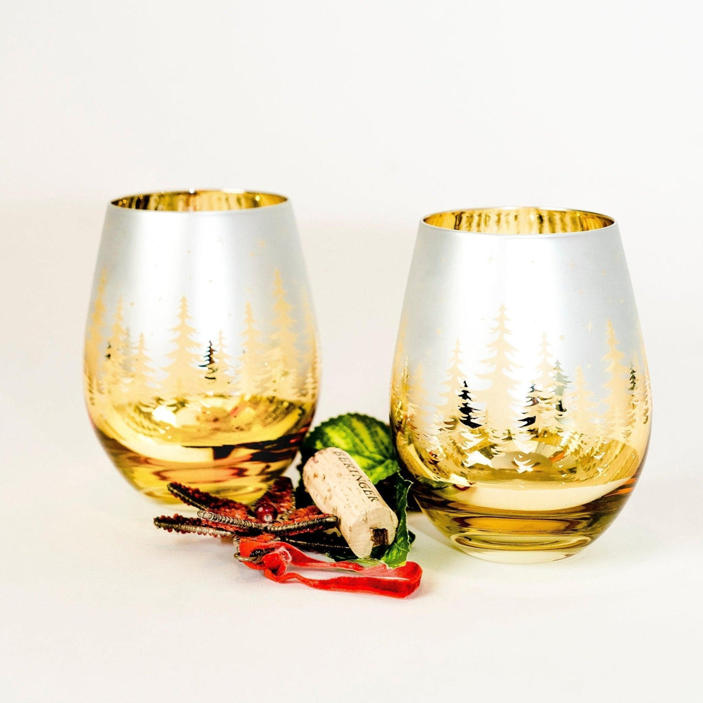 Gold Pine Tree Stemless Wine Glasses - Che Cose Belle