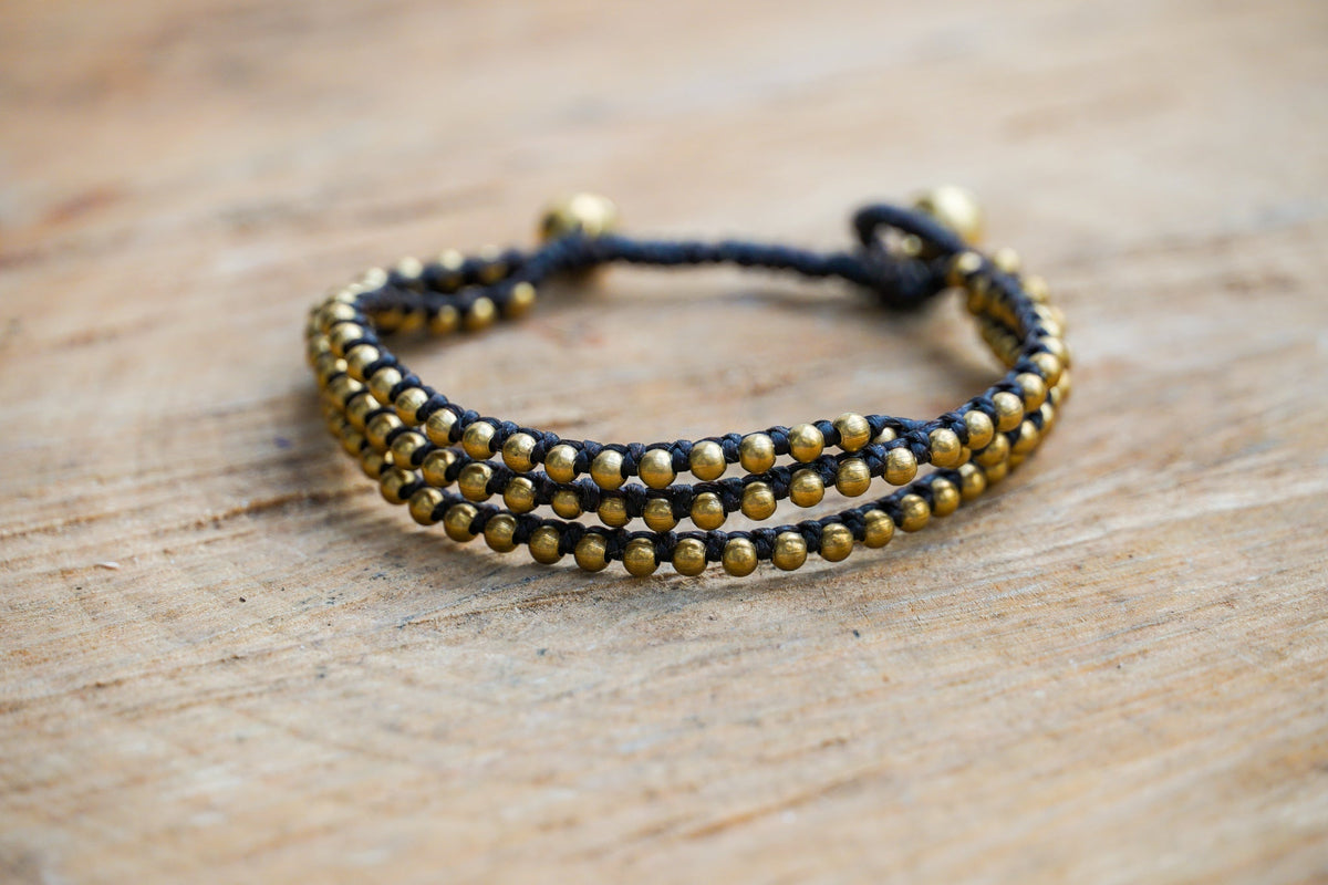 Gold Triple Strand Boho Brass Bracelet Adjustable Handmade - Che Cose Belle