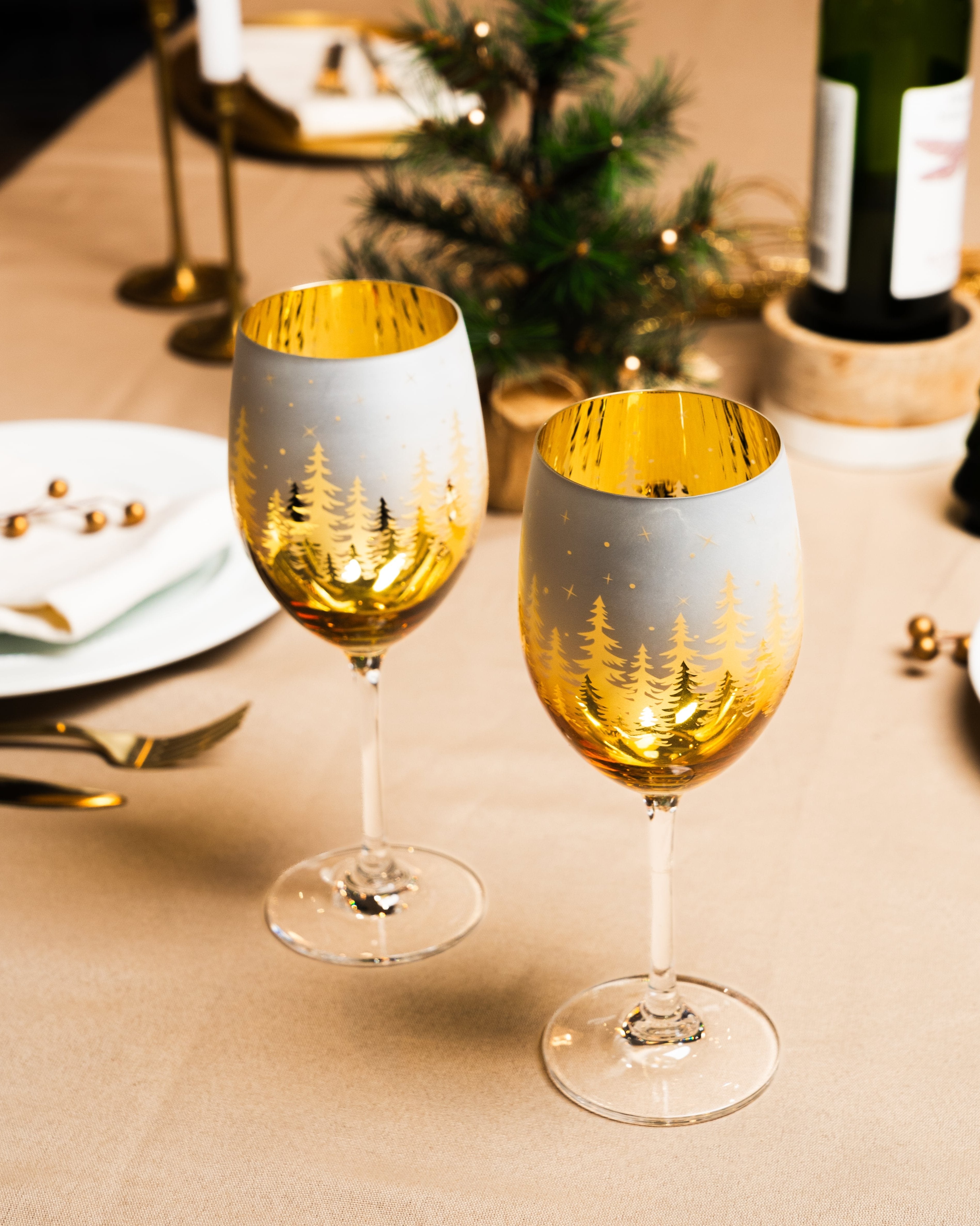 Gold Pine Tree Wine Glasses