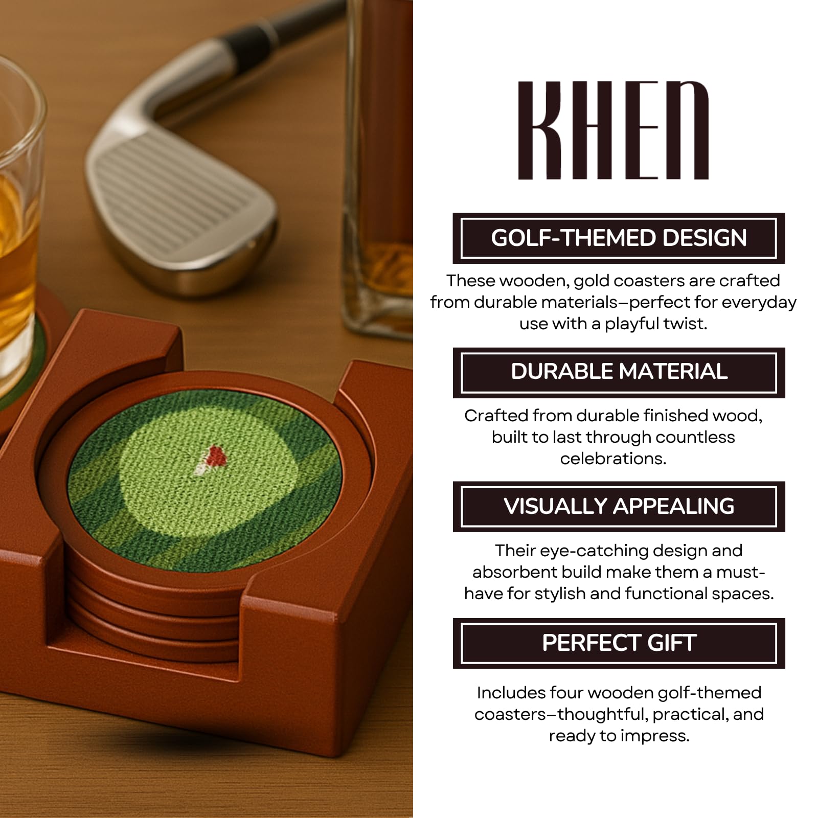 Golf Coasters, Durable Wooden Drink Coasters with Holder - Che Cose Belle