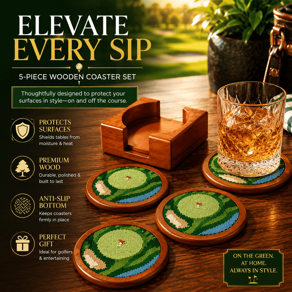 Golf Coasters, Durable Wooden Drink Coasters with Holder - Che Cose Belle