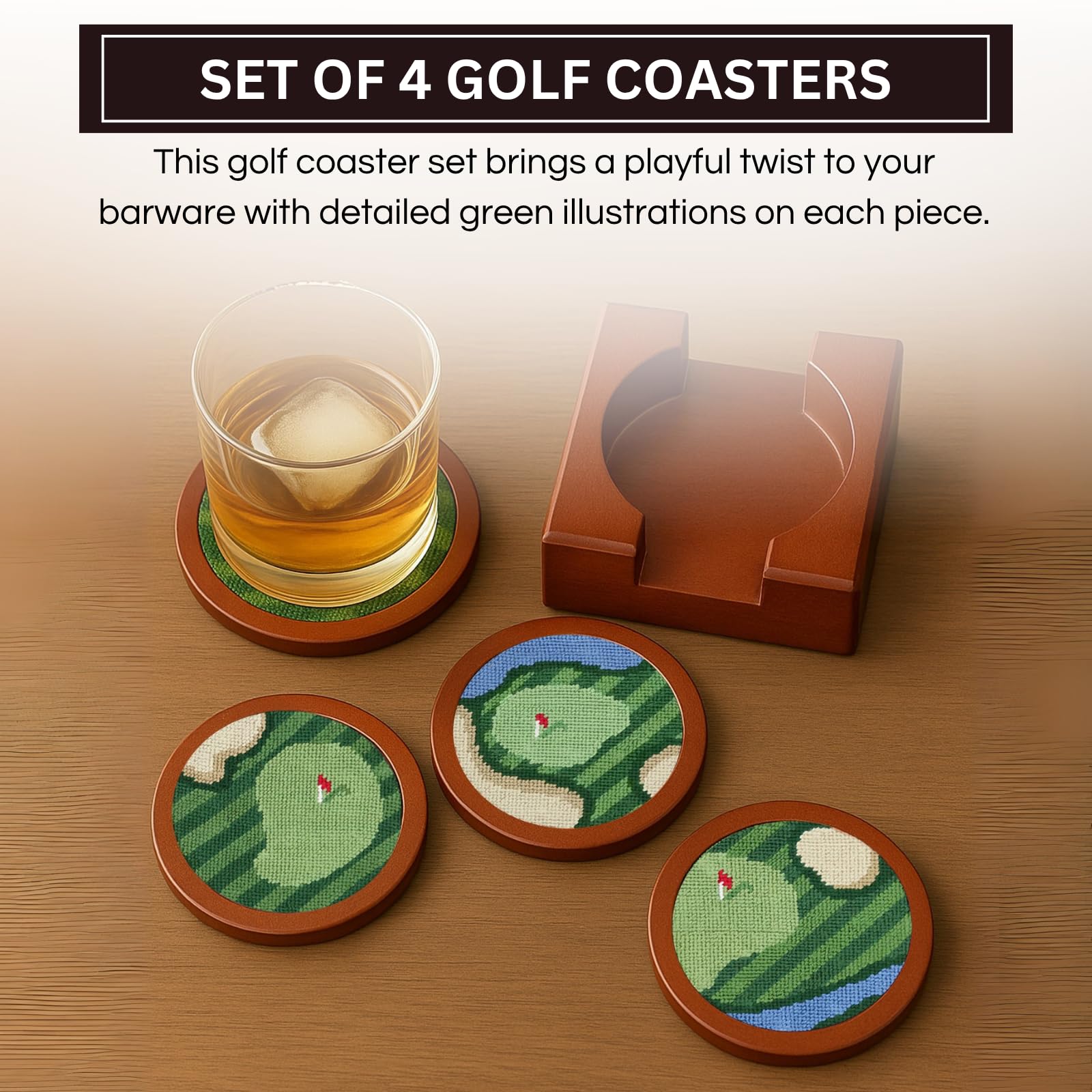 Golf Coasters, Durable Wooden Drink Coasters with Holder - Che Cose Belle