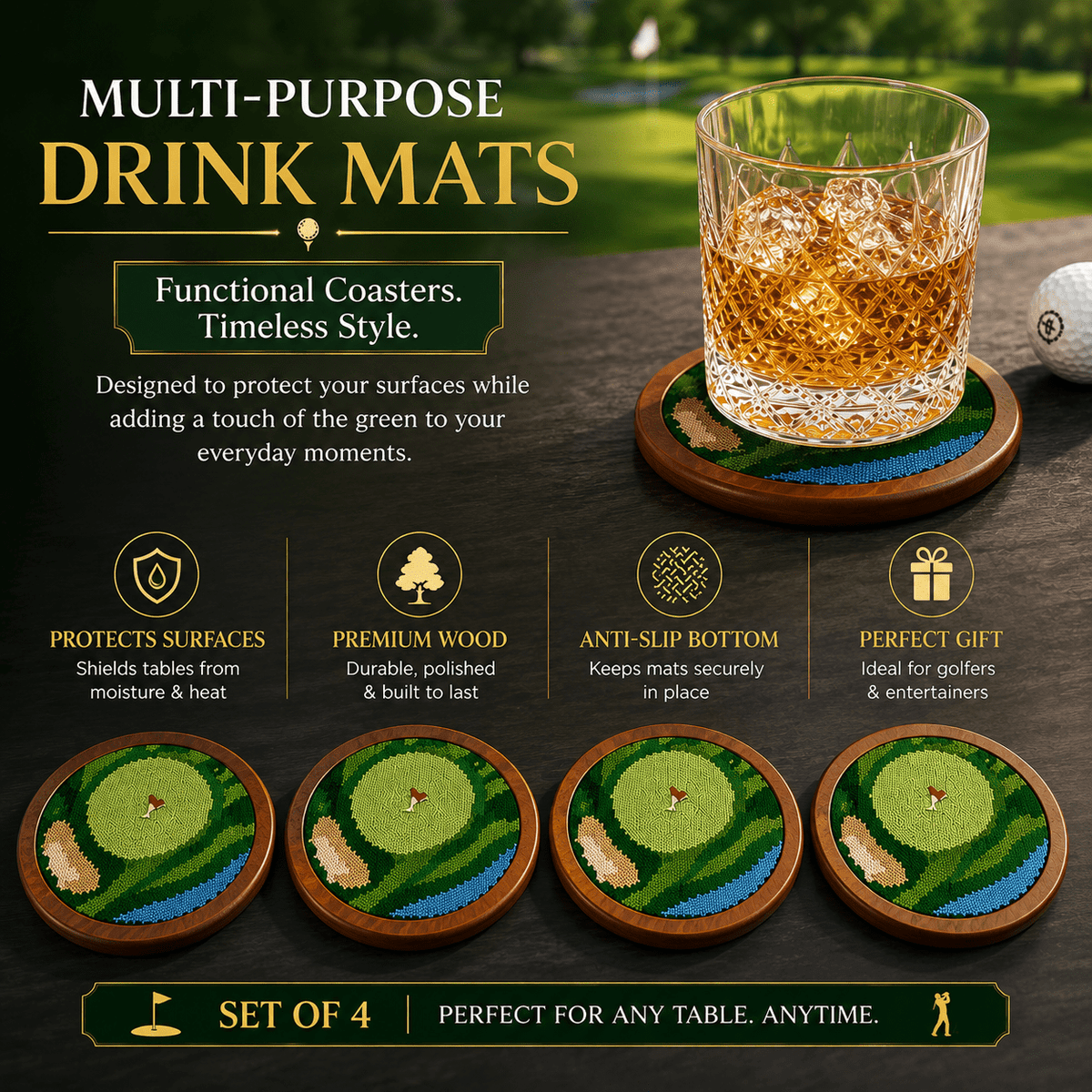 Golf Coasters, Durable Wooden Drink Coasters with Holder - Che Cose Belle