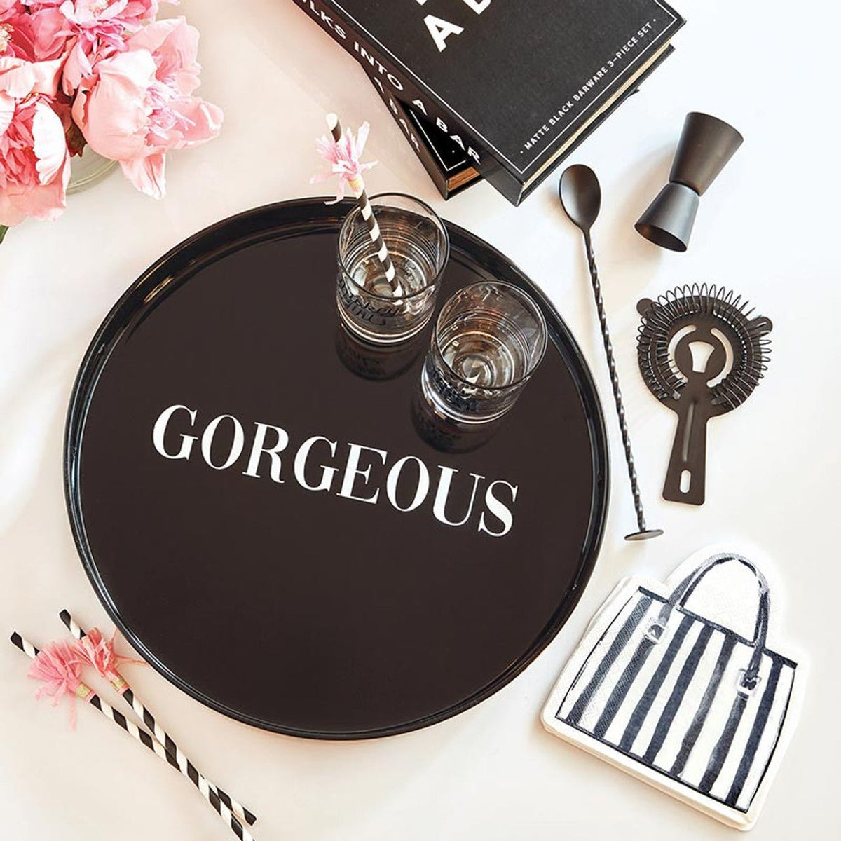 Gorgeous Round Black Bar Tray | Serving Tray with Handles | 13.5" Diameter - Che Cose Belle