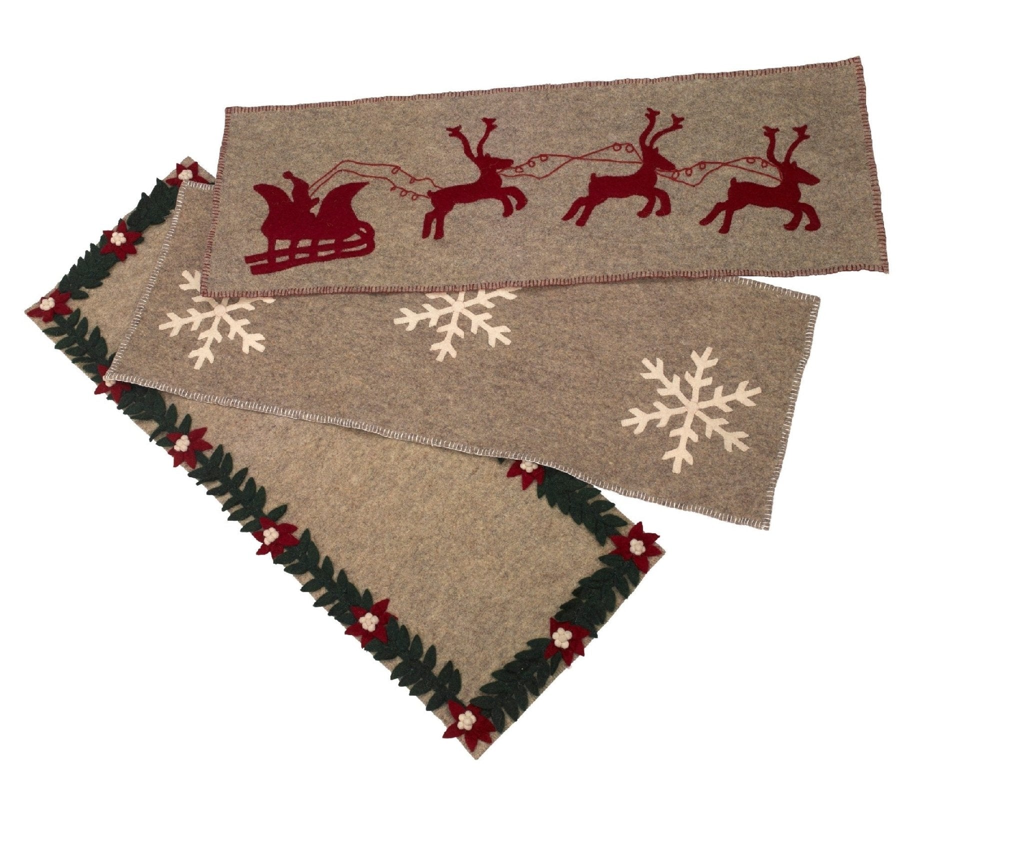 Gray Hand Felted Wool Christmas Table Runner - Snowflakes - 16"x44" Arcadia Home - Che Cose Belle