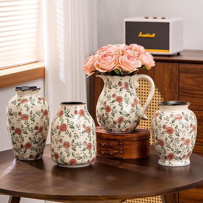 Green and Beige Vintage Round Vase, Red Rose Chinoiserie Floral Vase, Antique Decorative Ceramic Flower Vases for Bouquet, Home Decor, Living Room, Bookshelf, Office, Cottage Core Home Decor 8 Inch - Che Cose Belle
