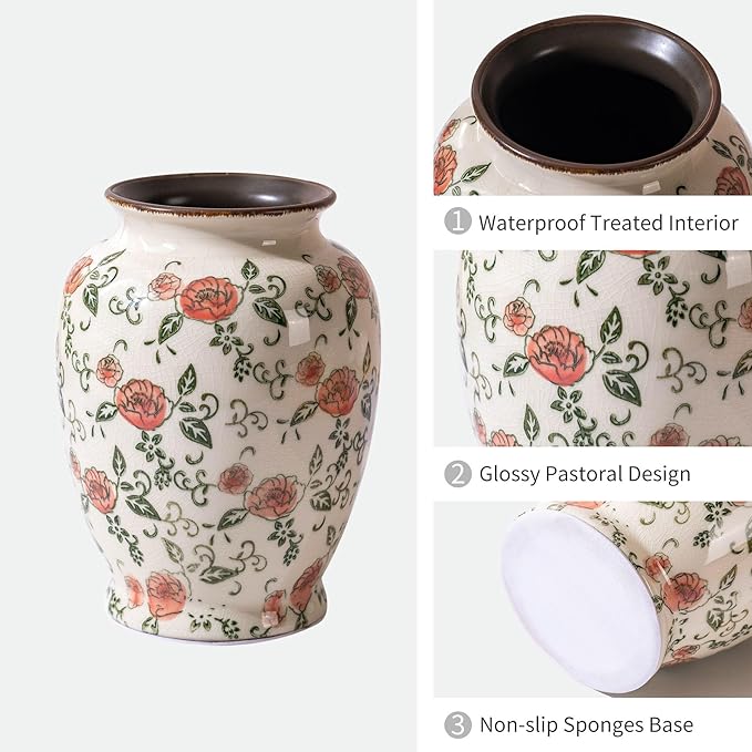 Green and Beige Vintage Round Vase, Red Rose Chinoiserie Floral Vase, Antique Decorative Ceramic Flower Vases for Bouquet, Home Decor, Living Room, Bookshelf, Office, Cottage Core Home Decor 8 Inch - Che Cose Belle