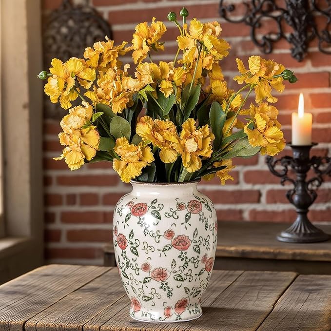 Green and Beige Vintage Round Vase, Red Rose Chinoiserie Floral Vase, Antique Decorative Ceramic Flower Vases for Bouquet, Home Decor, Living Room, Bookshelf, Office, Cottage Core Home Decor 8 Inch - Che Cose Belle