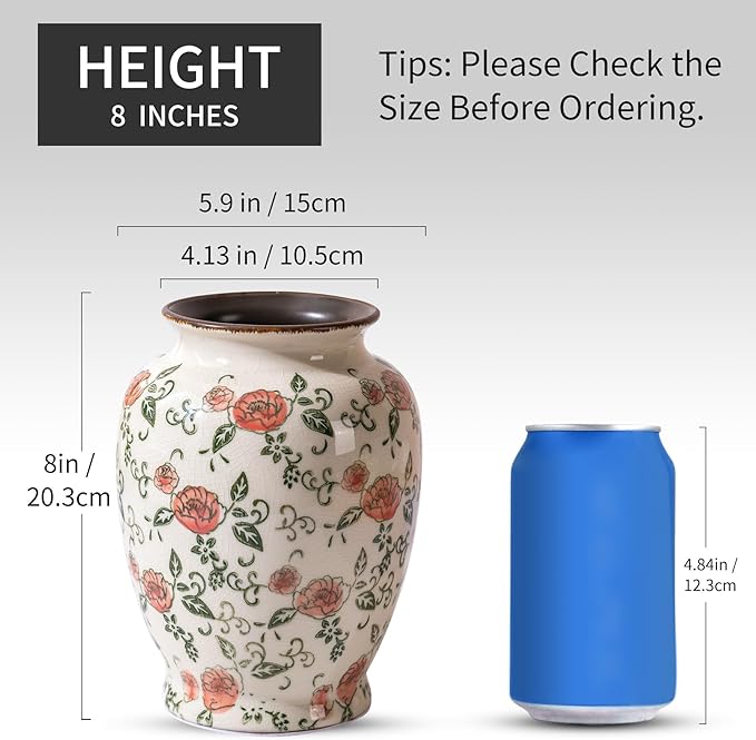 Green and Beige Vintage Round Vase, Red Rose Chinoiserie Floral Vase, Antique Decorative Ceramic Flower Vases for Bouquet, Home Decor, Living Room, Bookshelf, Office, Cottage Core Home Decor 8 Inch - Che Cose Belle