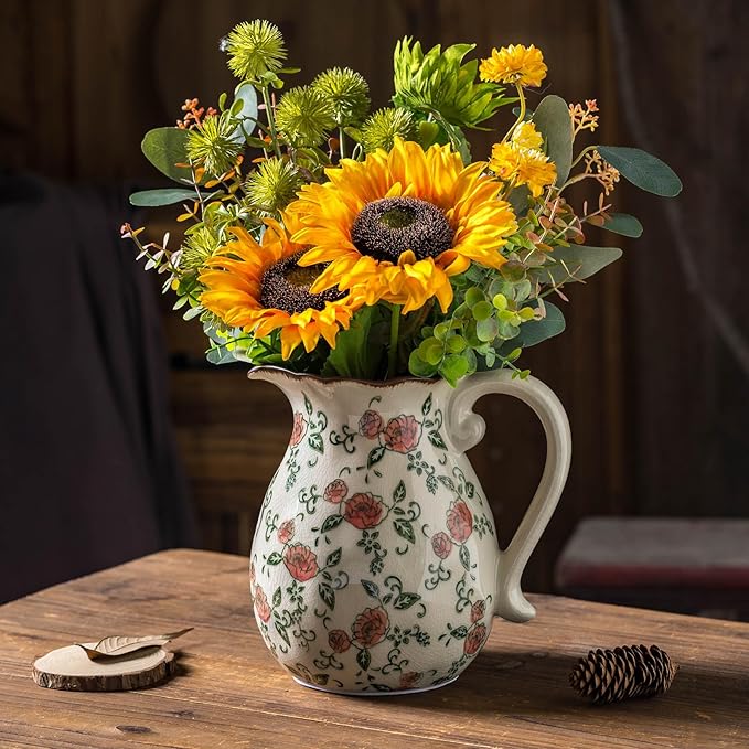 Green and White Vintage Vase with Handle, Red Rose Chinoiserie Floral Pitcher Vase, Rustic Ceramic Farmhouse Vases for Home Decor, Living Room, Bookshelf, Office, Grand Millennial Decor 7.9 Inch - Che Cose Belle