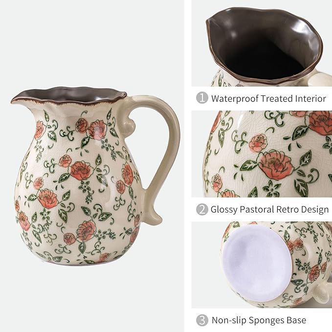 Green and White Vintage Vase with Handle, Red Rose Chinoiserie Floral Pitcher Vase, Rustic Ceramic Farmhouse Vases for Home Decor, Living Room, Bookshelf, Office, Grand Millennial Decor 7.9 Inch - Che Cose Belle