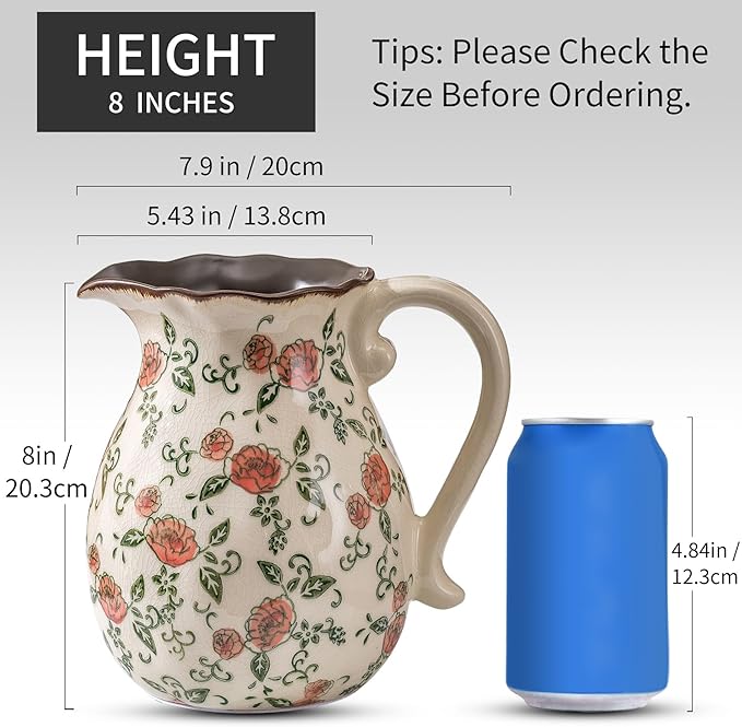Green and White Vintage Vase with Handle, Red Rose Chinoiserie Floral Pitcher Vase, Rustic Ceramic Farmhouse Vases for Home Decor, Living Room, Bookshelf, Office, Grand Millennial Decor 7.9 Inch - Che Cose Belle