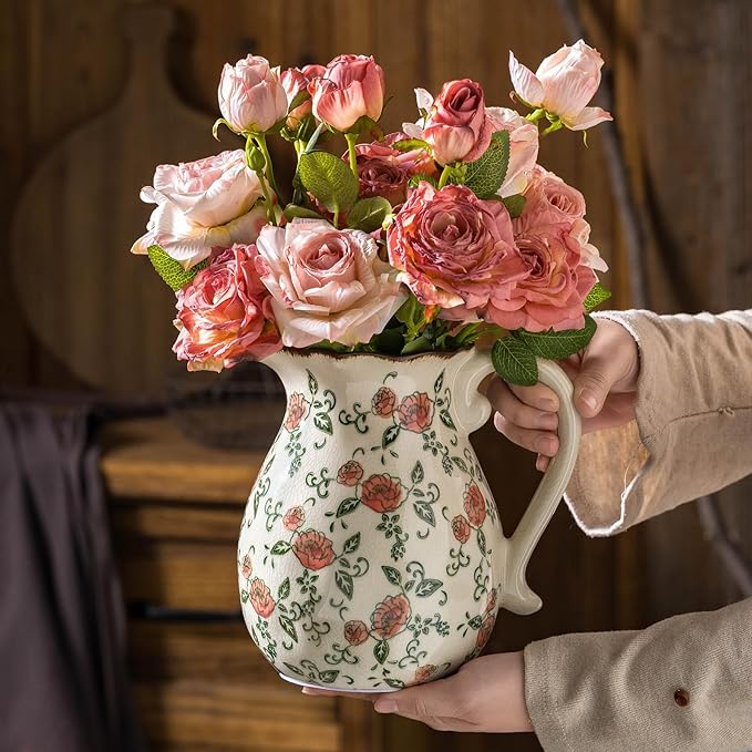 Green and White Vintage Vase with Handle, Red Rose Chinoiserie Floral Pitcher Vase, Rustic Ceramic Farmhouse Vases for Home Decor, Living Room, Bookshelf, Office, Grand Millennial Decor 7.9 Inch - Che Cose Belle