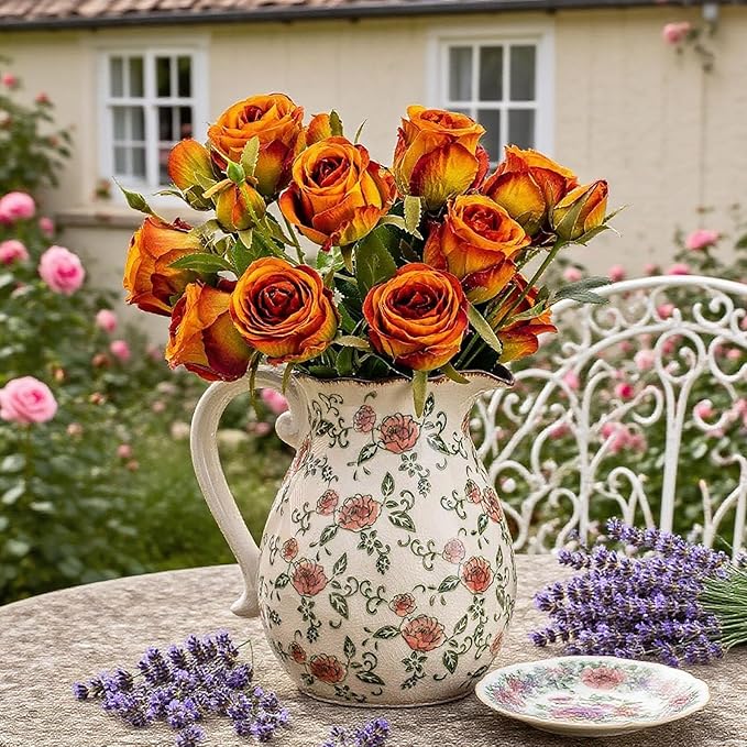 Green and White Vintage Vase with Handle, Red Rose Chinoiserie Floral Pitcher Vase, Rustic Ceramic Farmhouse Vases for Home Decor, Living Room, Bookshelf, Office, Grand Millennial Decor 7.9 Inch - Che Cose Belle