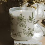 Green Floral Soy Candle - White Translucent Tinted Glass Jar - 12 oz (Lavender and Sage) - Che Cose Belle